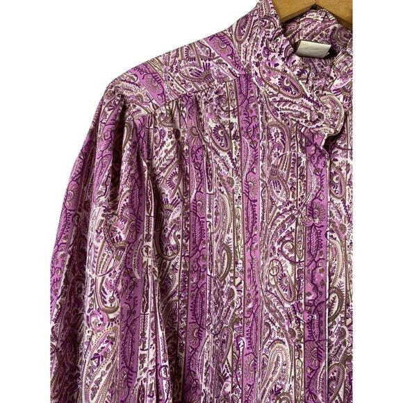 Vintage 1960s Blouse High Ruffle Neck Purple Paisley Button Up Secretary 42 / 2X - Picture 10 of 15